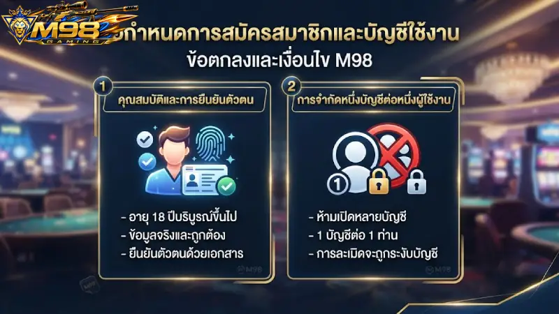 ข้อกำหนดการสมัครสมาชิกและบัญชีใช้งานใน ข้อตกลงและเงื่อนไข M98